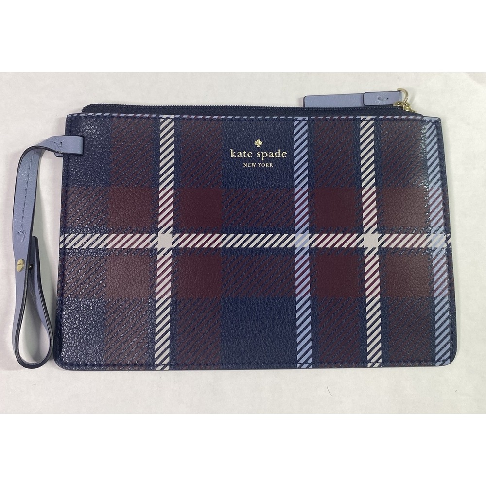 Kate Spade Women Leather Slim Zip Wristlet Wallet Red/White/Blue NEW 5x8" Plaid